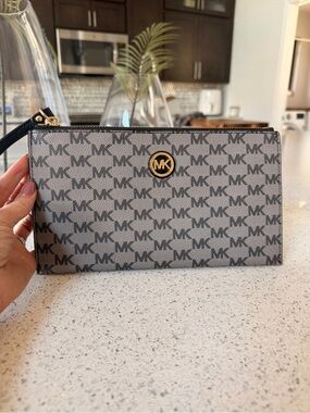 Michael Kors Gray and Black MK Logo Wristlet with Gold Accent